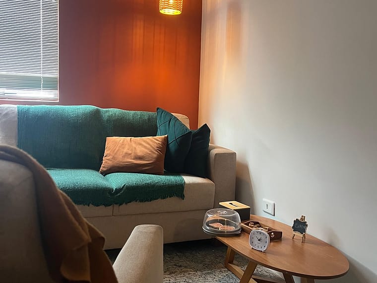 Sala de atendimento do Burle Marx, com sofá, manta verde e mesa de centro
